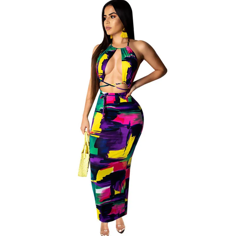 

Summer Women Sexy Maxi Dresses Halter Backless Boho Graffiti Printed Hollow Out Bodycon Dress Sleeveless Club Wear Beach Dresses