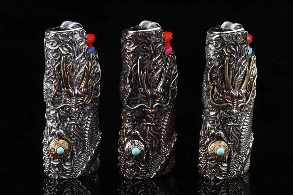 LSDL тибетское серебро ручной работы Дракон тиснением зажигалка