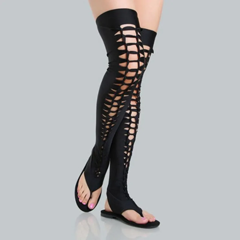 

2019 New Cut outs Thigh High Boots Women Sexy Gladiator Long Overknee Boots Black Summer Flat Slingback Spilt Toe Sandals Boots