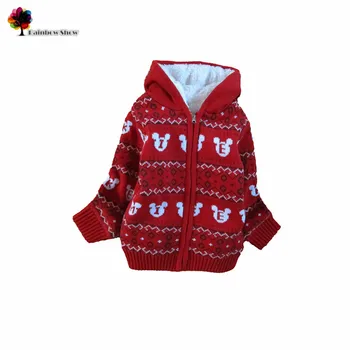 

New Children Clothing Autumn Winter Girls Thick Warm Sweater Coat Red Cartoon Mouse Hooded Jacquard Sweater Coat Kids Outwear