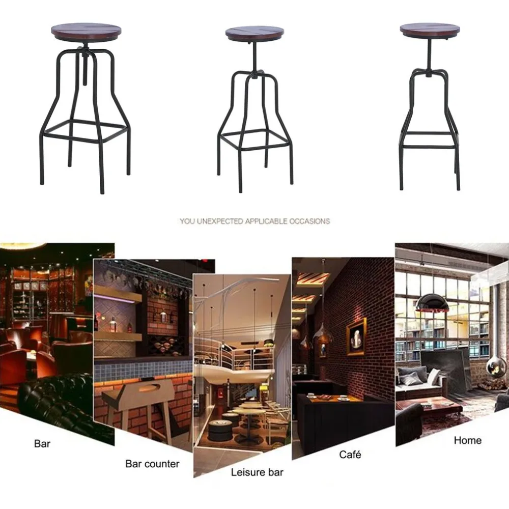 Adjustable Height Metal Vintage Bar Stool Metal Wooden Industrial Seat Kitchen Dining Chair Pipe Style Bar Stools Home Furniture