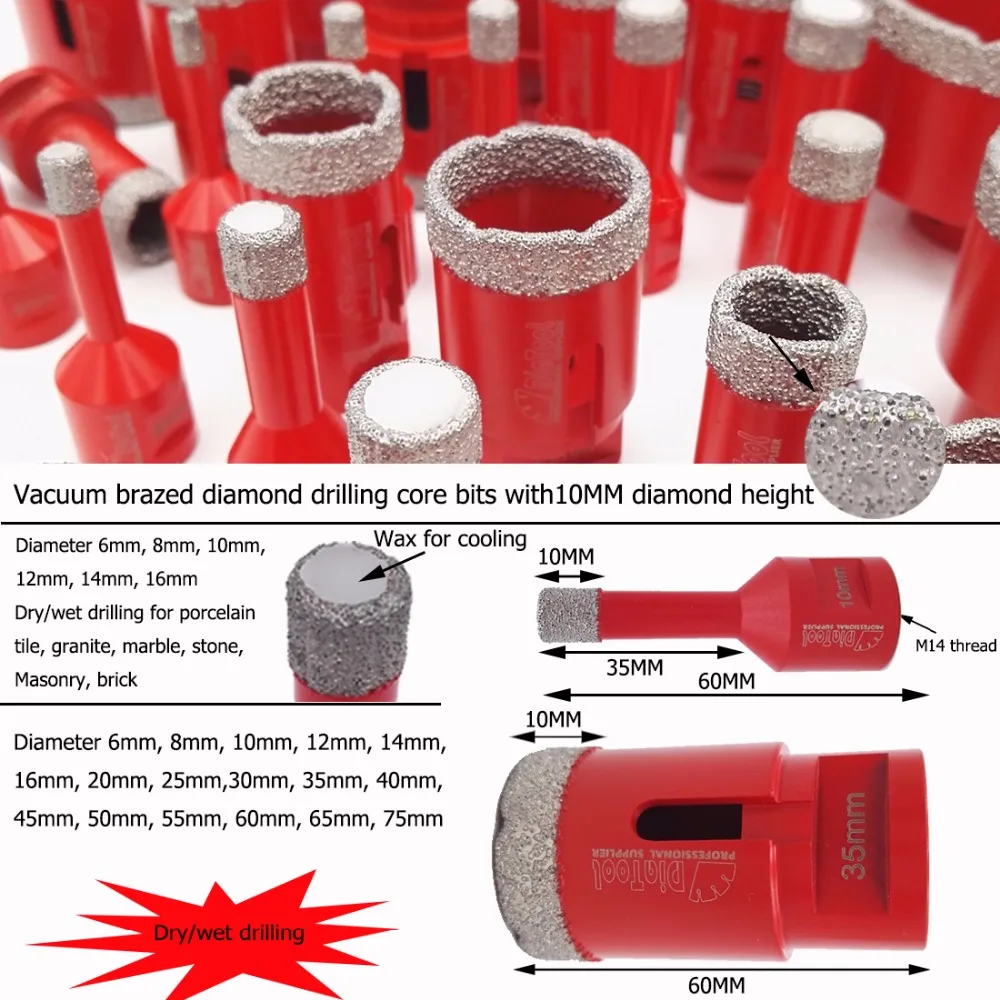 DIATOOL 2pcs Vacuum Brazed Diamond Drilling Bits M14 Connection Diamond Height 10mm Dry drilling for porcelain tile stone DIATOOL 2pcs Vacuum Brazed Diamond Drilling Bits M14 Connection Diamond Height 10mm Dry drilling for porcelain tile stone
