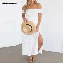2019 сексуальное летнее Бохо с открытыми плечами Макси платье женское повседневное раздельное платье в горошек сарафан с принтом Slash шеи