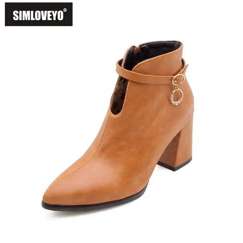 

SIMLOVEYO Brand Women Ankle boots Thick Heels Zipper Pointed Toe Winter Causal Ladies Shoes Mujer Botas feminino Solid B1050
