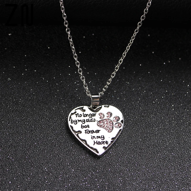 

ZN Heart Shape "no longer by my side but forever in my heart" Pet Lover Pendant Necklace Dog Paw Print Tag Stamped Gifts