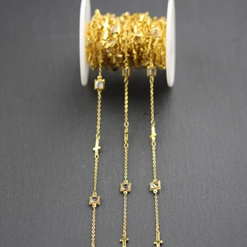 

6mm Square Shape Clear White Glass Beads Chain,Wire Wrapped Golden Plated Cross Copper Links Necklace