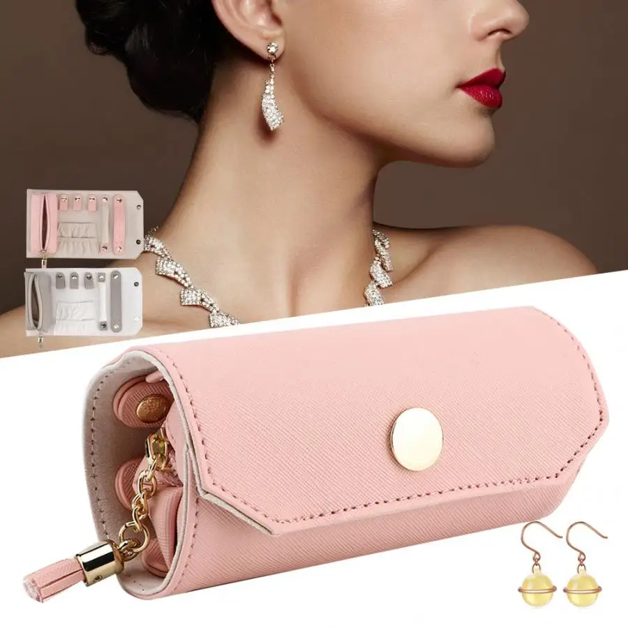 

Portable PU Leather Necklace Earring Bracelet Necklace Gray Pink Storage Case Bag Jewelry Organizer Display Box For Jeweler