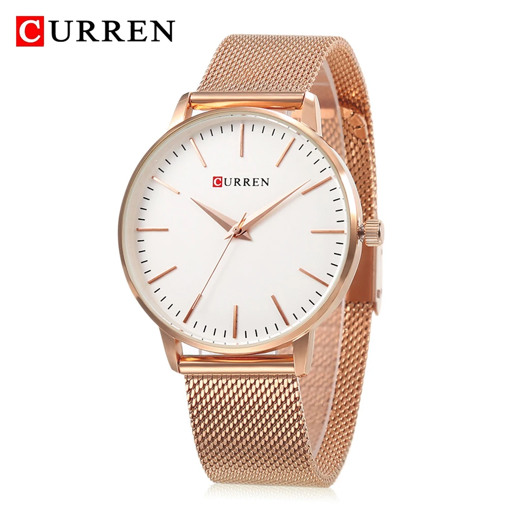 Ceny CURREN Top marki mody różowe złoto kobiet zegarki ze stali nierdzewnej proste luksusowe panie zegar sukienka zegarek kwarcowy Relogio Feminino