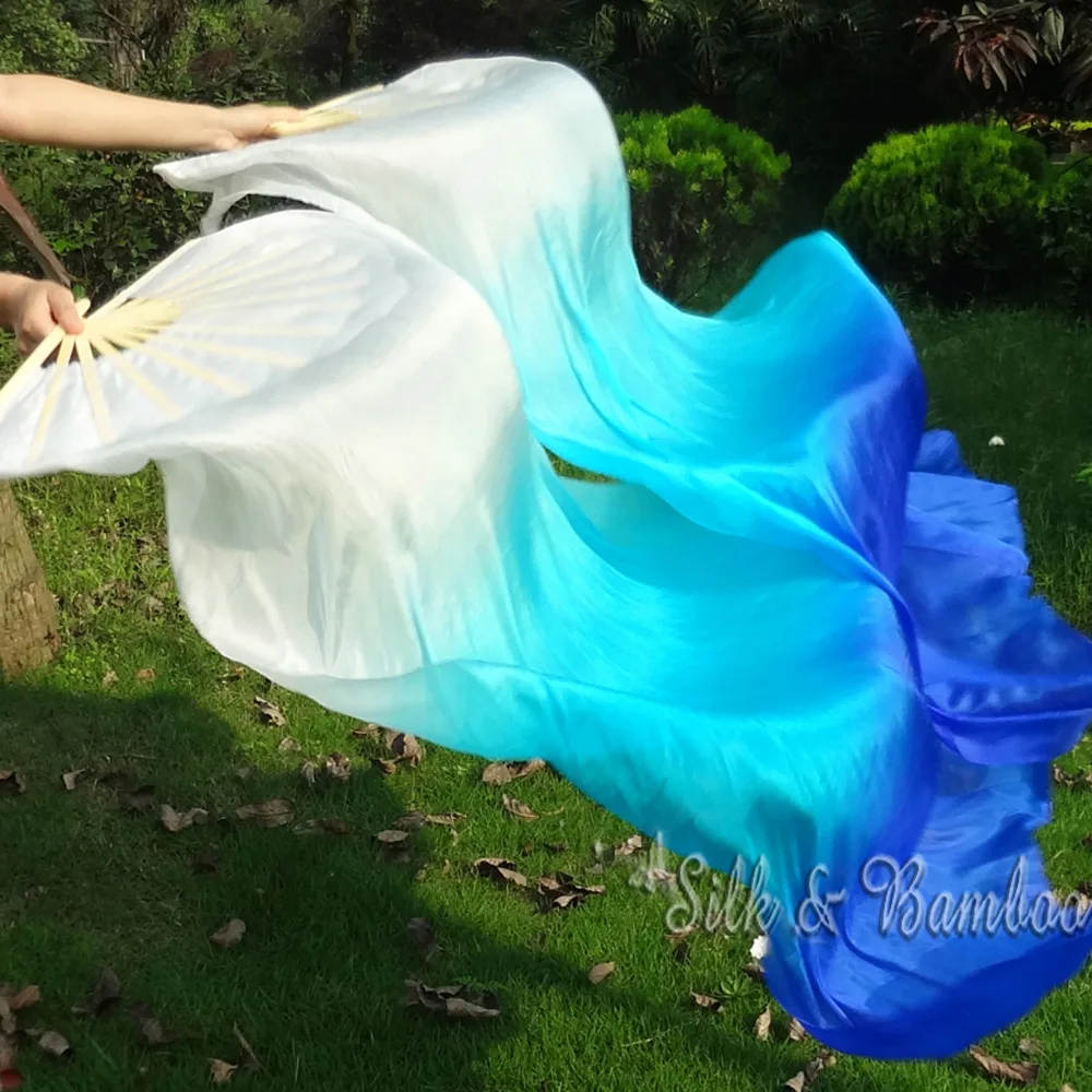 

white-turquoise-blue, (1pc right+1 pc left) 1.5m*0.9m(59"*35") hand painted belly dance silk fan veil, real flowy silk