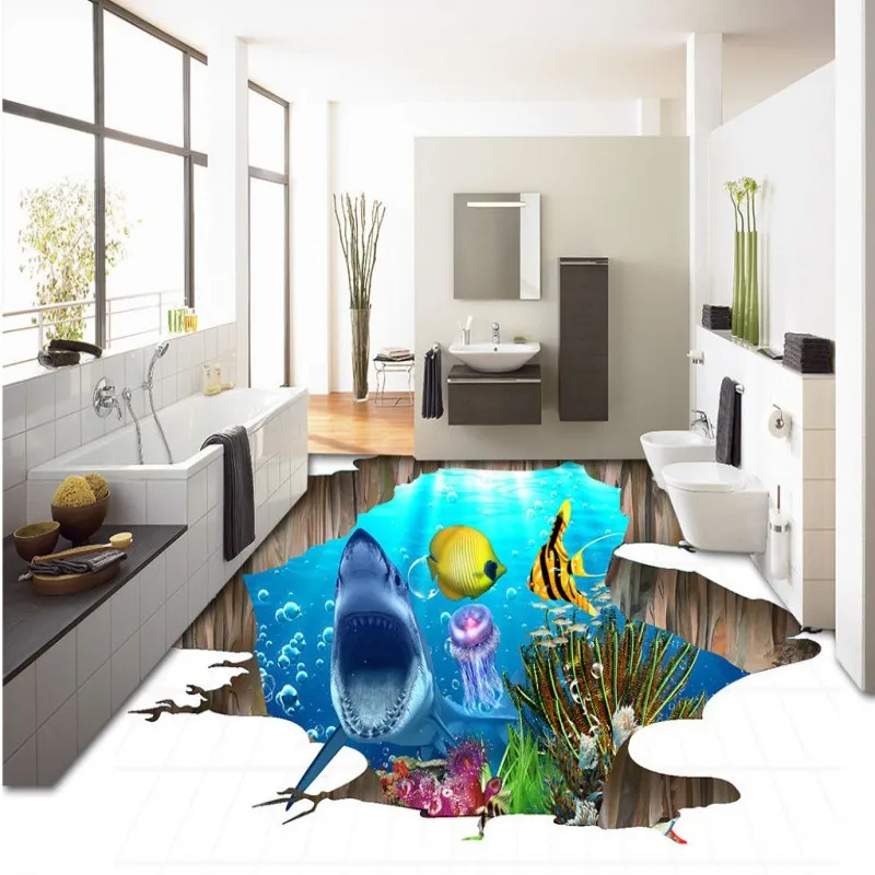 

Free Shipping High Definition 3D Sea World Shark Flooring wear non-slip waterproof living room bathroom bedroom flooring mural