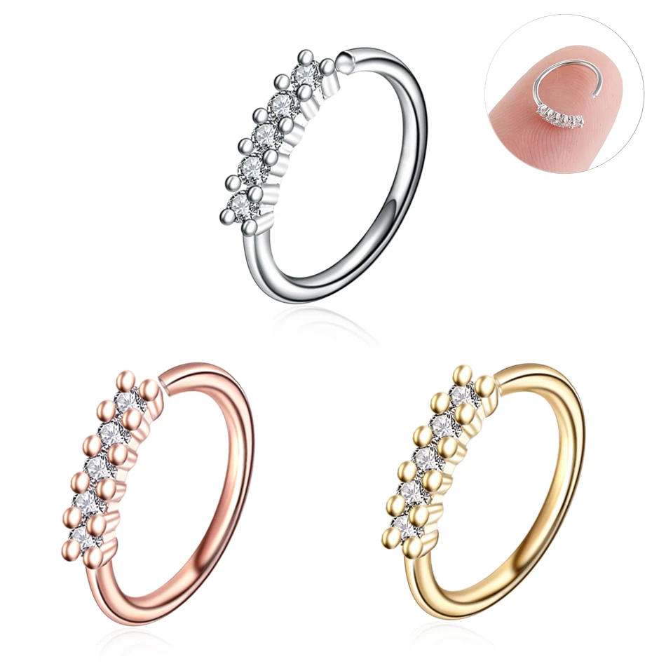 

1PC Copper Hoop Septum Clicker Ring Five Gem Real Pierced Nose Rings Daith Helix Earring Tragus Cartilage Piercings CBR Jewelry