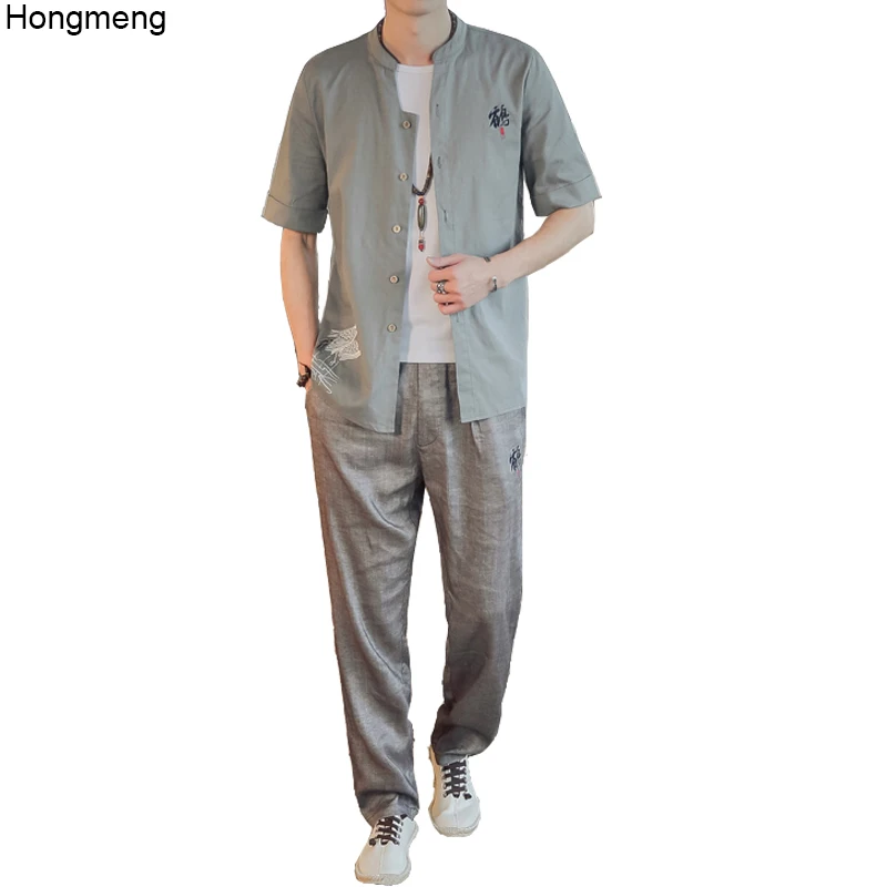 Мужской Хлопковый летний костюм, рубашка с короткими рукавами + длинные штаны, вышивка, M-4XL, v-образный вырез, Прямая доставка