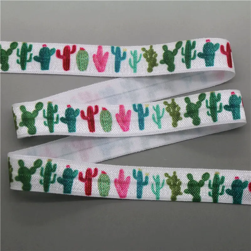 DUWES 5/8'' 50yards ball cartoon cactus space printed Fold Elastic FOE stretch ribbon hairbow headwear headband DIY OEM D1071