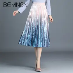 Beiyingni градиент юбка Для женщин Сладкий Волшебный цвет плиссированные модные юбки очаровательный розовый серебряная линия элегантный