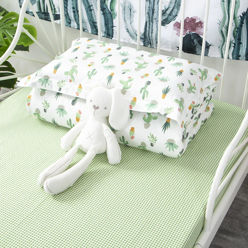 customize ins hot crib pillowcase bed sheet quilt cover 100% cotton cactus pattern baby kids bedding set  (4)