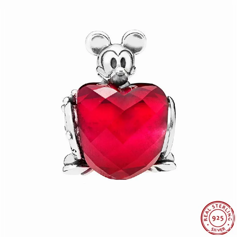 Сказочные бусины цвета фуксии Desney Mikey Mice Love Heart для женщин, изготовление ювелирных изделий, сделай сам, подходят для PANDORA, подвески, серебро, 925, FL740