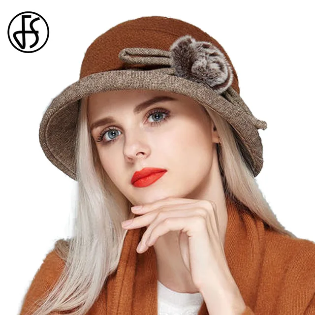 Buy FS Women Foldable Wool Felt Hats With Raccoon Fur Pompon Flower Hat Fedoras