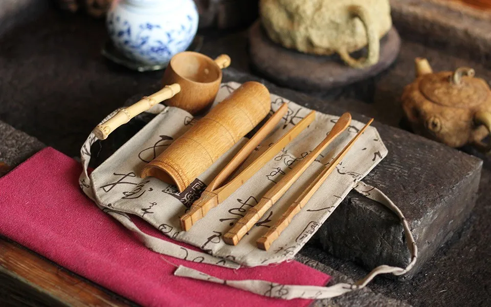Natural Bamboo 5 Pcs Puer Tea Tools Accessories Teaware Set Include Needle Spoon Clip Tea Strainer Infurse Vintage Handmade
