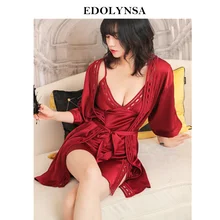 Сексуальный комплект из двух предметов, одежда для сна, красный атласный халат, комплекты платьев, женская ночная одежда, халат, кимоно, ночная сорочка, кружевной пеньюар, комплект H858