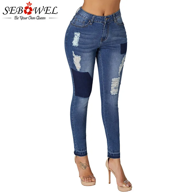 

SEBOWEL Blue Patched Color Block Ripped Jeans Woman Slim Fit Skinny Pencil Pants Female Destroyed Style for Ladies Work Jeans