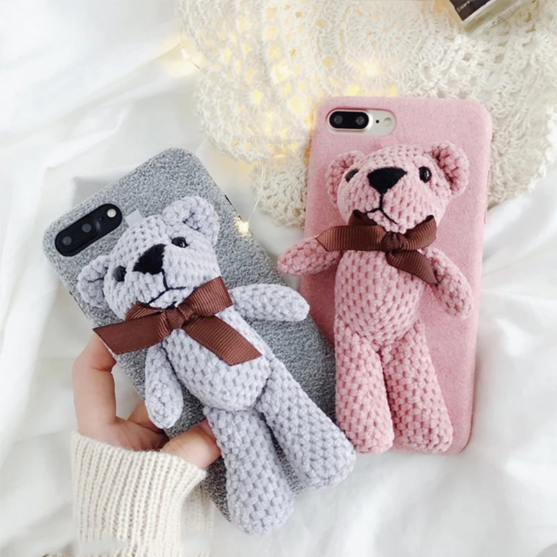 

BINYEAE Toy Animal Cartoon Plush Stand Cover for iPhone X XS Max XR 8 7 6S Plus Case Cute Bear Winter Phone Cases For iPhone 6S