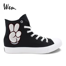 Wen Black White Canvas Shoes Hand Gestures Praise And Victory Designs High Top Women Men's Casual Sneakers Unique Couple Shoes unique hand painted shoes converse chuck taylor hamburger high top canvas sneakers unique christmas gifts men women