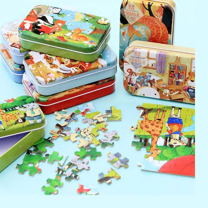 60 PCs wooden puzzle toys /tin can high quality Cartoon Metal Box