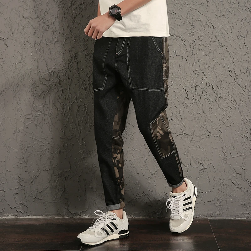 

Men Jeans 2017 New Fashion Patchwork Denim Ankle Length Trousers Male Camouflage Loose Pencil Causal Men Jeans Big Size 5XL