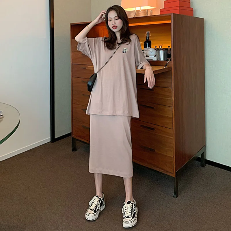 

2019 summer new Korean version of Joker casual simple loose T-shirt+high waist split skirt korean BW6009