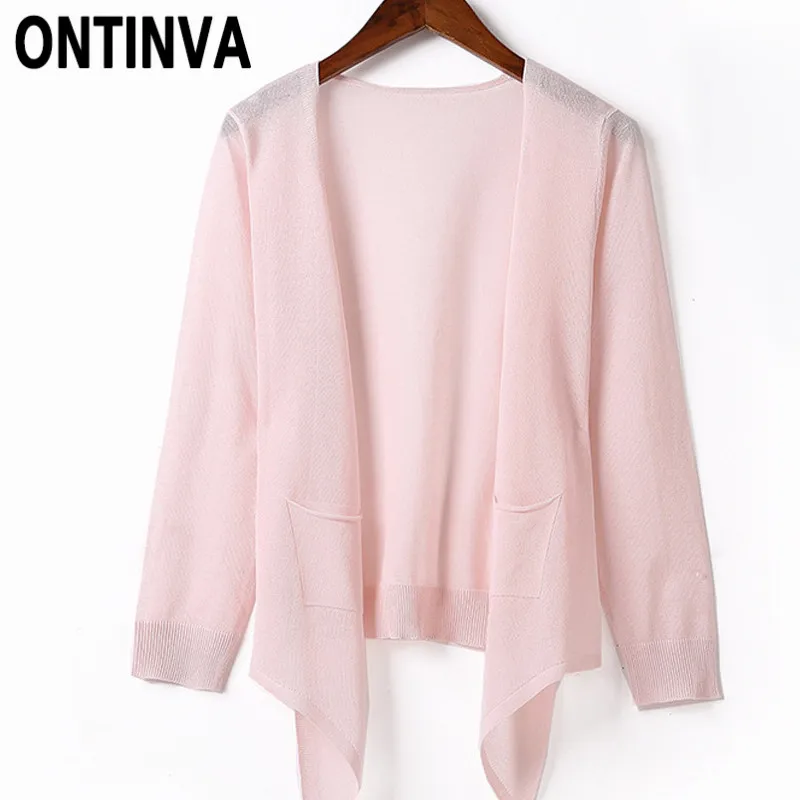 Women Pink Sheer Thin Shrugs Sweater Full Sleeve Summer Kniting Open