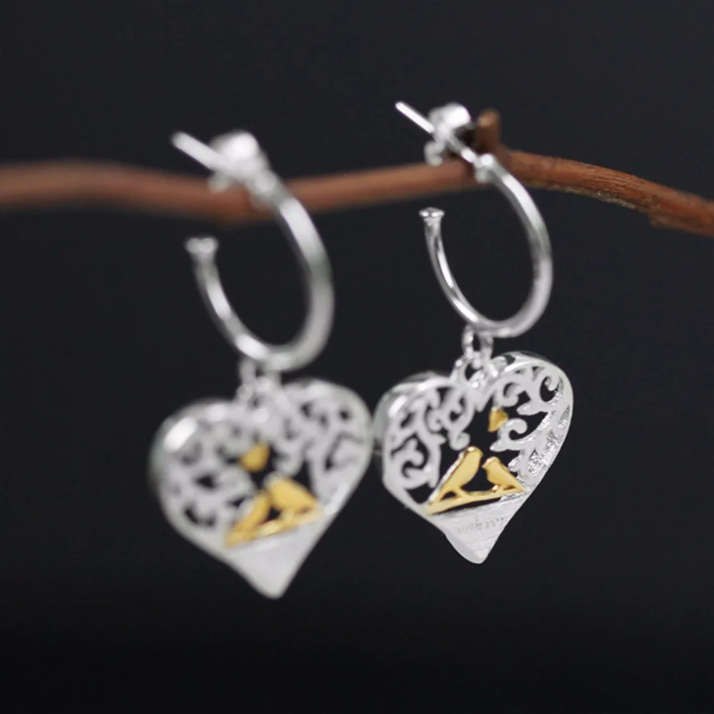 

Lotus Fun 925 Sterling Silver CC Pendants Drop Earrings for Women Fine Jewelry Heart Bird Dangle Earings Big Statement Earrings