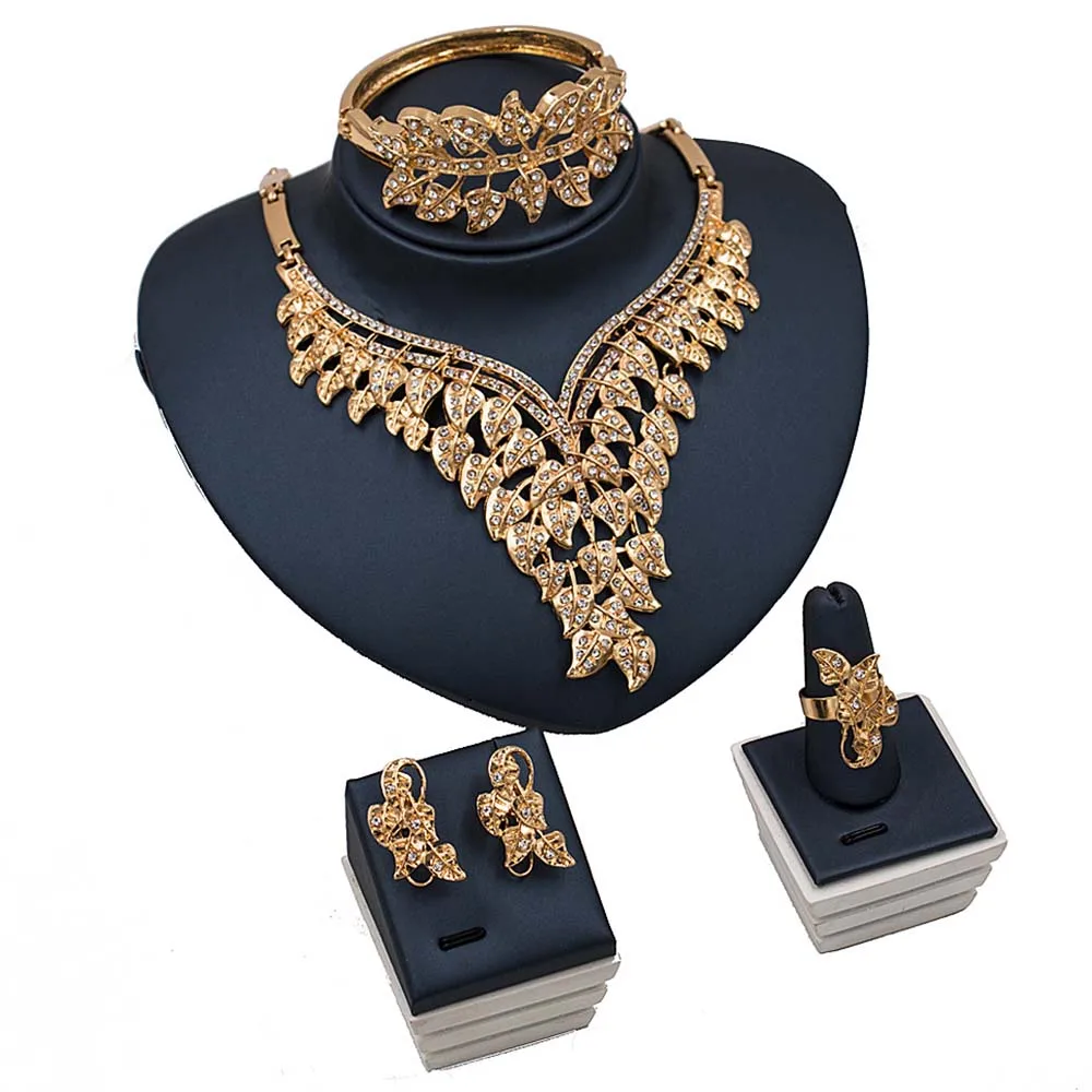 

4pcs Luxury Women Gold Jewelry Set Dubai Gold Plated Fashion Jewelry Sets for Women F1120 with Rhinestones