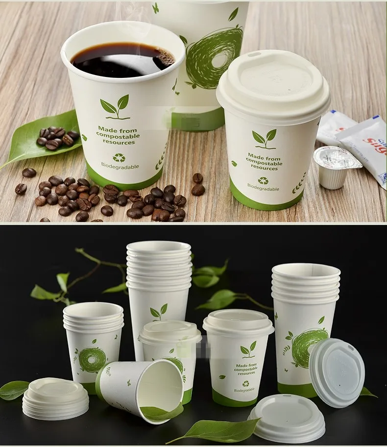 Compostable стаканчики из пла одноразовые бумажные стаканчики Biodegrade Вода Кофе Молоко чай крышка чашки 50x8 oz 12oz 16oz 260-500 ml белый