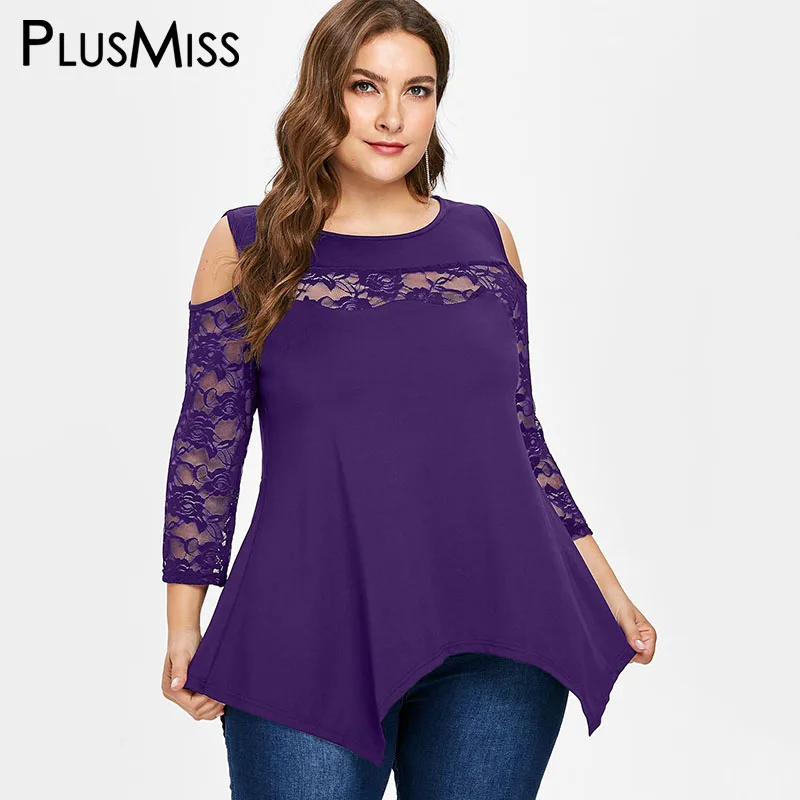 PlusMiss плюс Размеры Sexy цветочные кружева Блузка с длинными рукавами женские