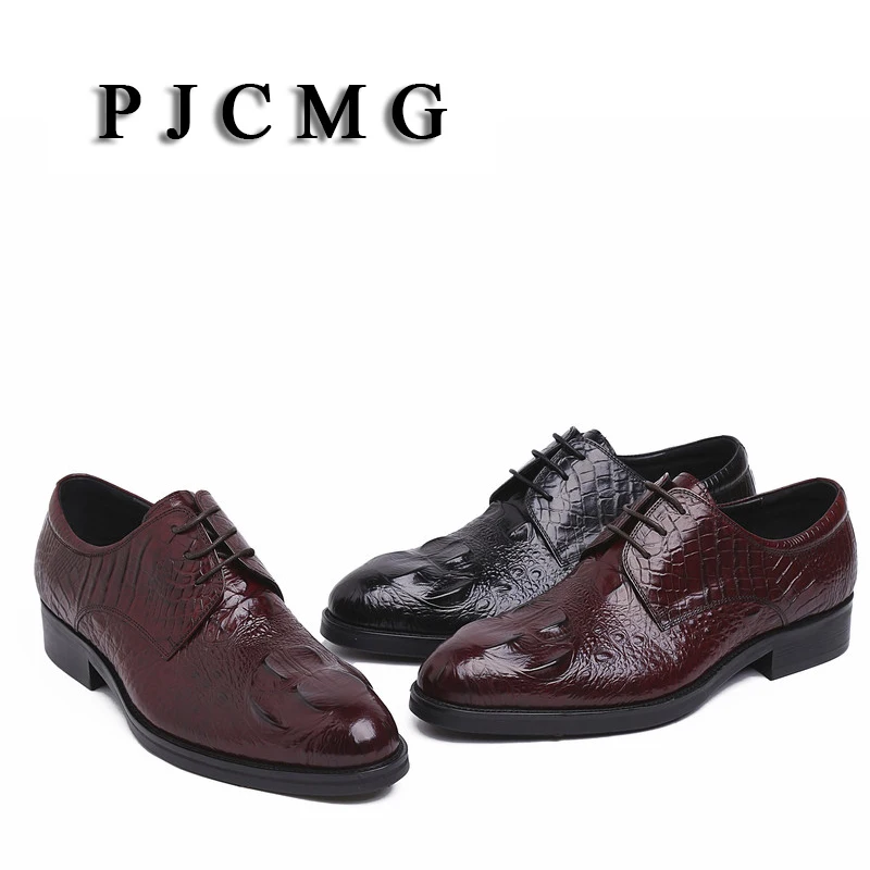PJCMG/Новинка; мужские туфли из натуральной тисненой кожи с крокодиловым узором; повседневные мужские туфли оксфорды на плоской подошве с острым носком на шнуровке из воловьей кожи