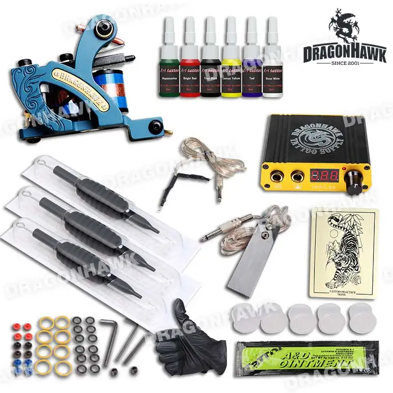 

Complete Coloring Tattoo Kit Set Professional Tattoo Machine Mini Power Needles Grips Supplies 6 Colors Tattoo Inks