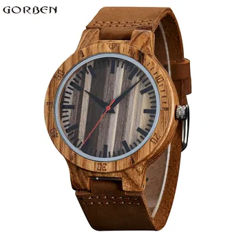 

GORBEN W054 Wooden Watch Men's Fashion Bamboo Leather Watch Natural Brown Male Clock 2017 Quartz Wristwatches Best Gifts relogio