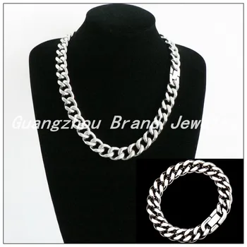 

60cm/23cm 15mm Width New Punk Style Silver color Stainless Steel Heavy Chain Jewelry Sets Smooth Necklace&Bracelet For Men Boy