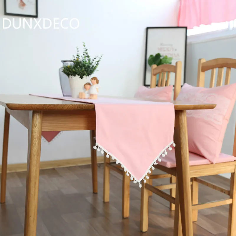 

DUNXDECO Table Runner Pink Cotton Table Cover Fabric Romantic Tablecloth Fresh Little Ball Round Cute Kitchen Desk Accessories