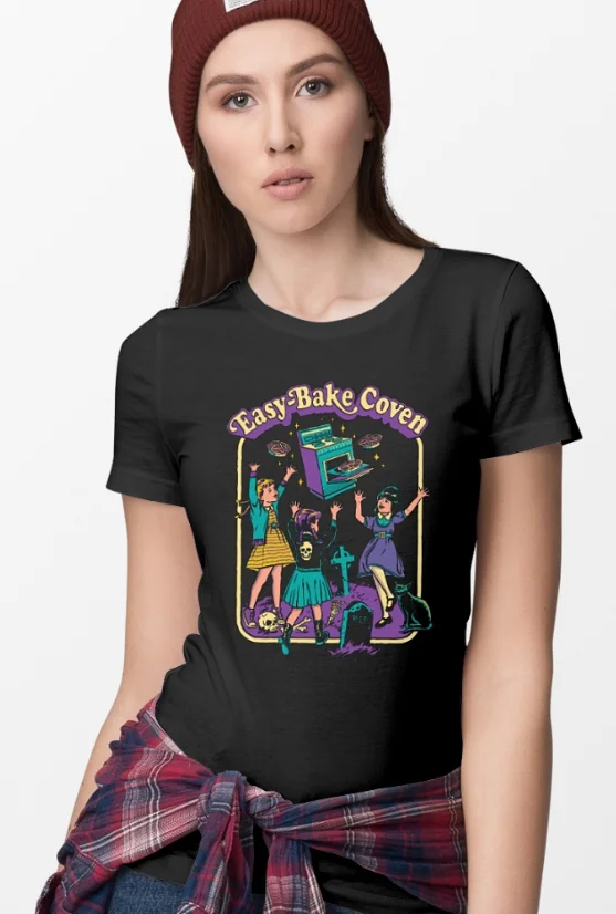 

Women's Tees & Tops Female Summer Plus Tees Shirts Casual Short Sleeve Black T-shirts Punk Print Easy Bake Coven