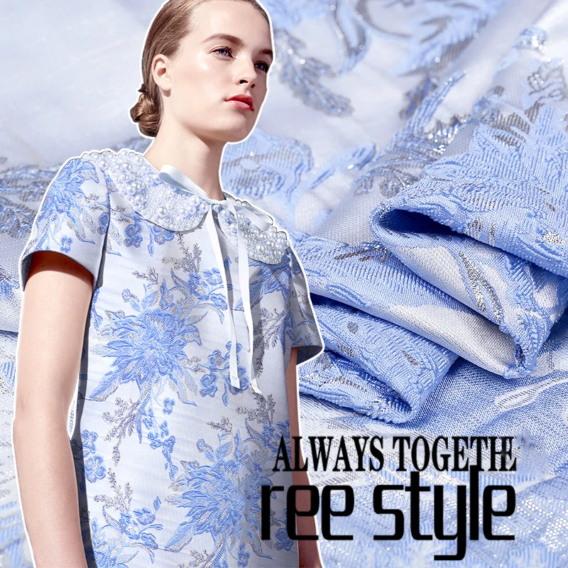

French design blue flower silver edge jacquard yarn-dyed brocade fabric crisp glossy fashion fabric