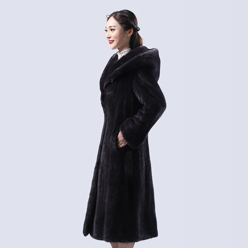 

X- long mink fur coat with big hood length of 110cm genuine leather