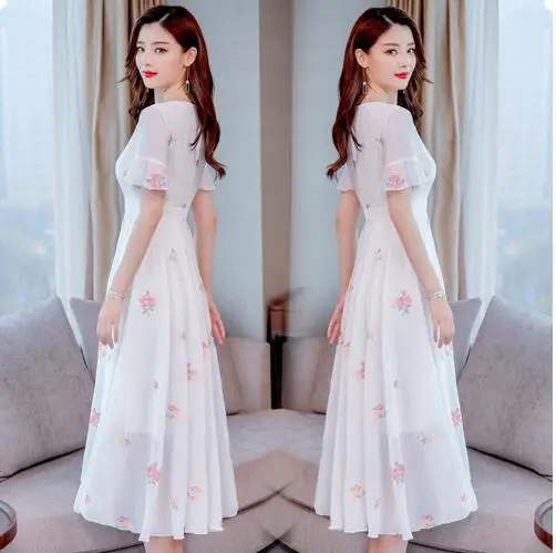 Женское длинное шифоновое платье Boho белое пляжное с цветочной вышивкой и v