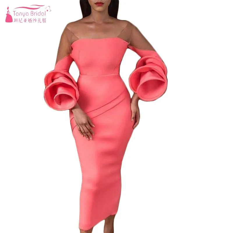 

Fashion New Chic sleeves Off-the-Shoulder Tea-Length Prom Dresses Slim fit Sexy Plus Size Women Party Gowns JQ560
