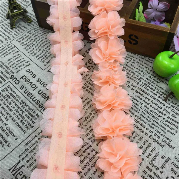 1Yard 12 colors Flower 3D Chiffon Lace Trim Ribbon Fabric for Applique Sewing Wedding Dress Decoration Accessories Supplies 5cm - Цвет: shrimp pink