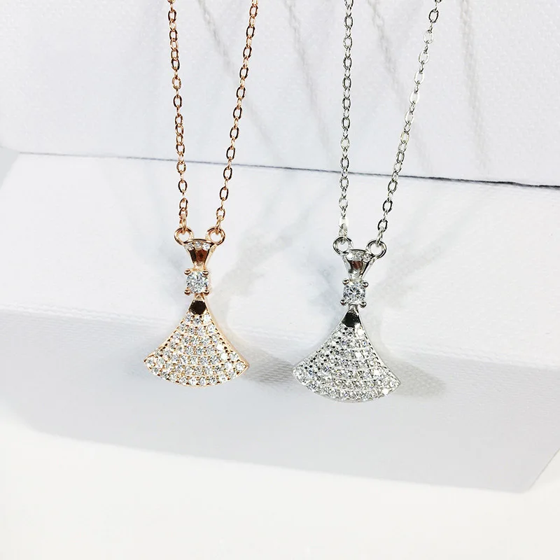 

925 sterling silver & rose gold dress Choker Crystal Fan shape Pendant Necklace Fashion Jewelry 2019 New Women Bijoux