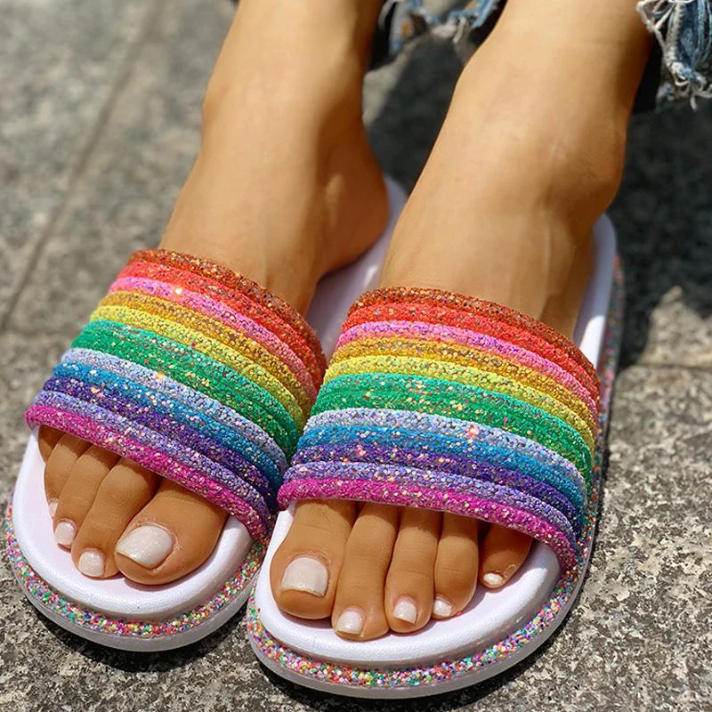 Summer Slippers Women Shining Rainbow Outside Slide Funny Lips Crystal Flat Sandals Beach Slides Casual Plus Size 36-43 | Обувь