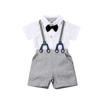 

2019 Newborn Infant Toddler Baby Boys Gentleman Clothes Set Summer Short Sleeve Shirt Pocket Tops Strap Bib Pants Outfits 2PCs