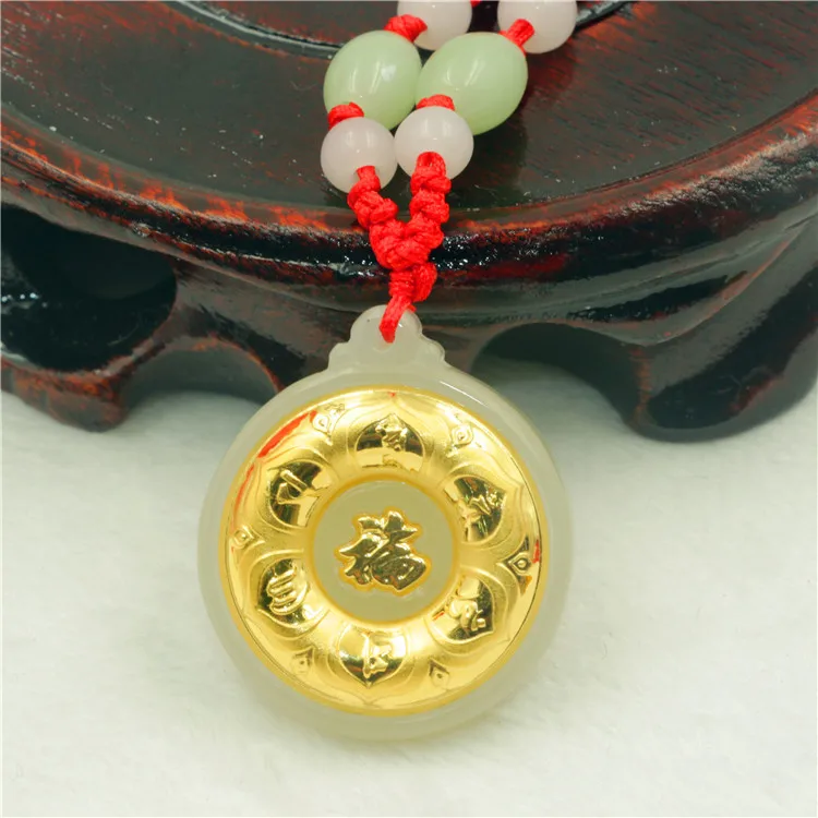 

Natural HeTian Yu white jade Mosaic Liu zi zhen yan Fu zi Peace buckle transshipment Necklace + Certificate Fashion Jewelry