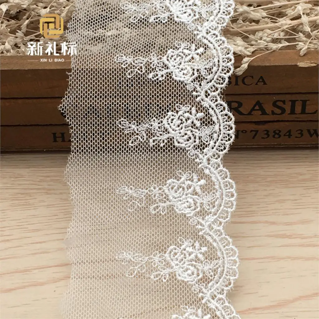 

Polyester fine line brocade embroidery bar code mesh embroidery